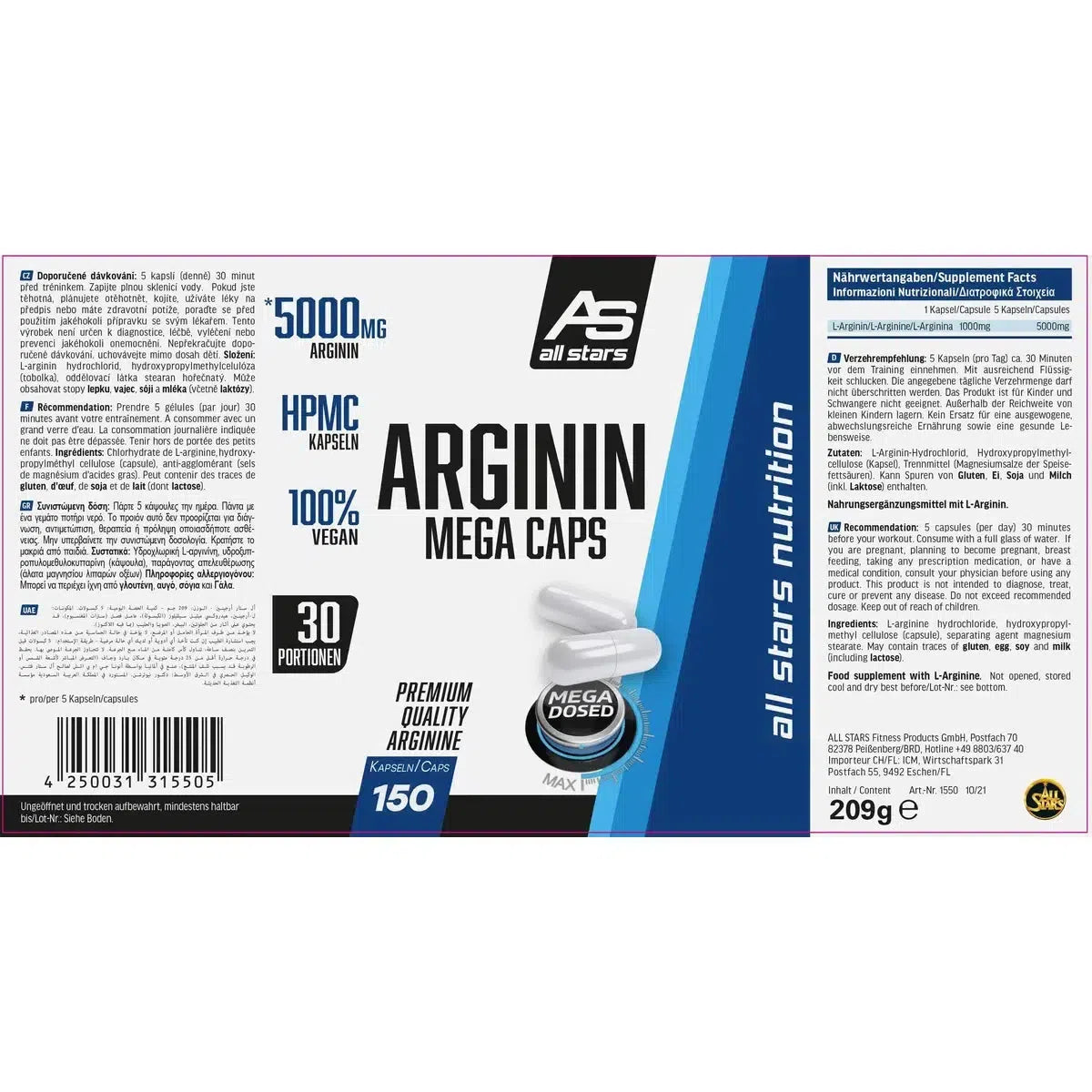 Arginin Mega Caps 150 Kapseln-L-Arginin-All Stars-Maniac-Sports