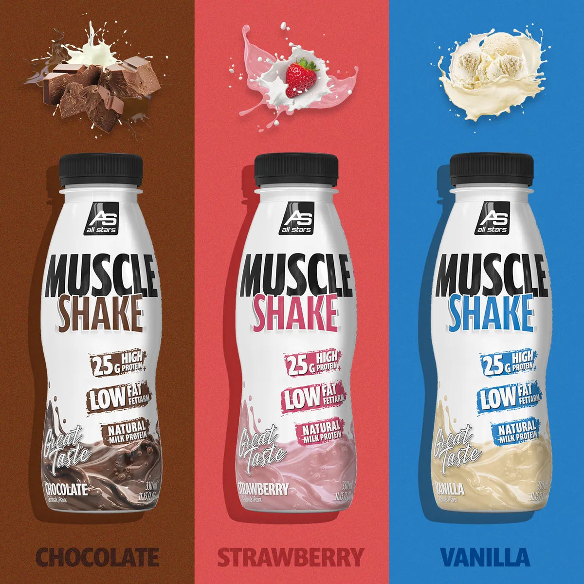 Muscle Shake 12x330ml-Protein Shake-All Stars-Erdbeer-Maniac-Sports